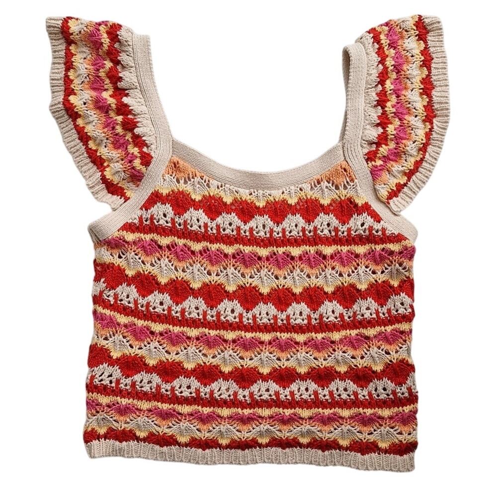blue pepper Crochet Cottage 70s Boho Flatter sleeve Tank Top Low Back M Red